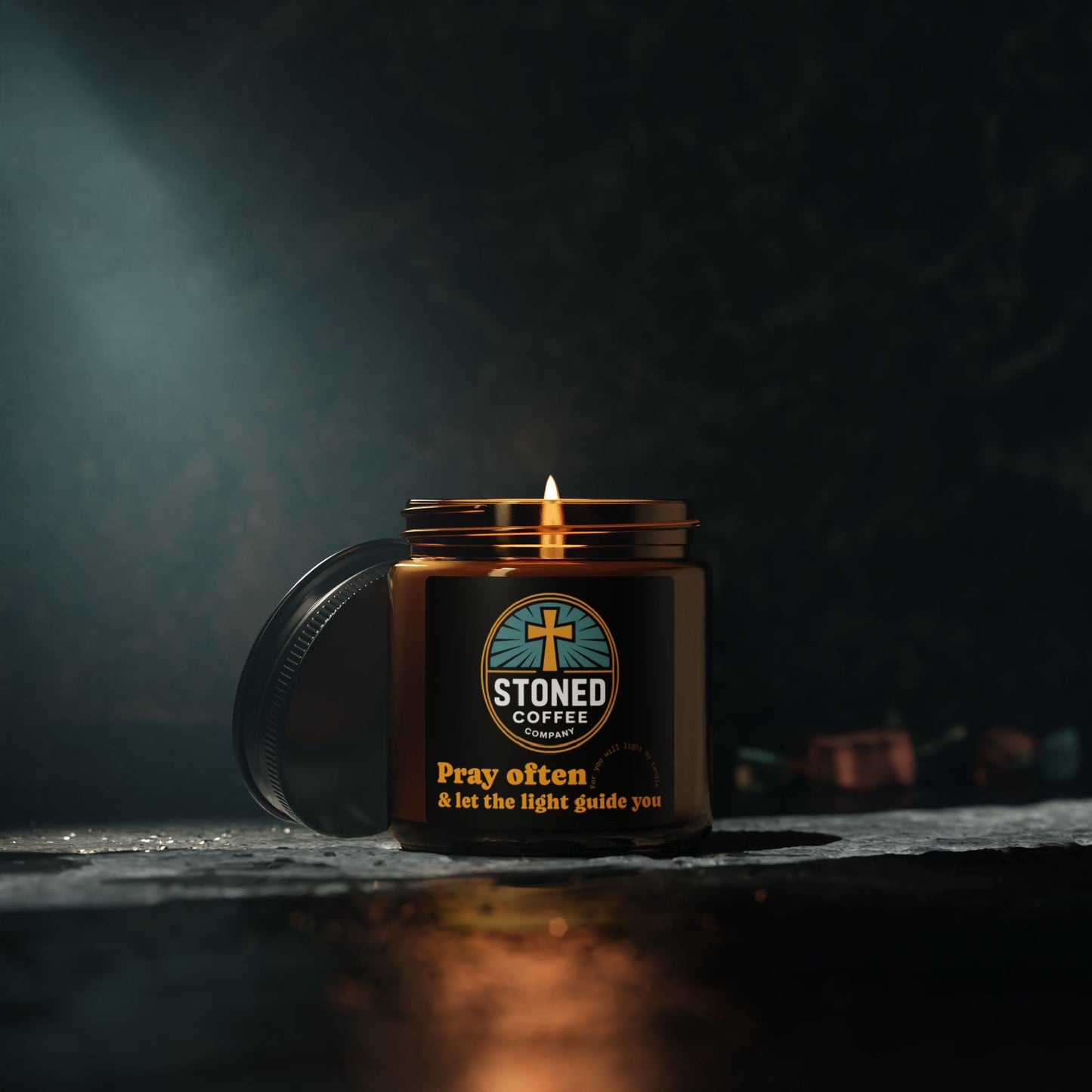 Stoned Coffee Soy Candle — "Pray Often" Amber Jar (Multi-Size)