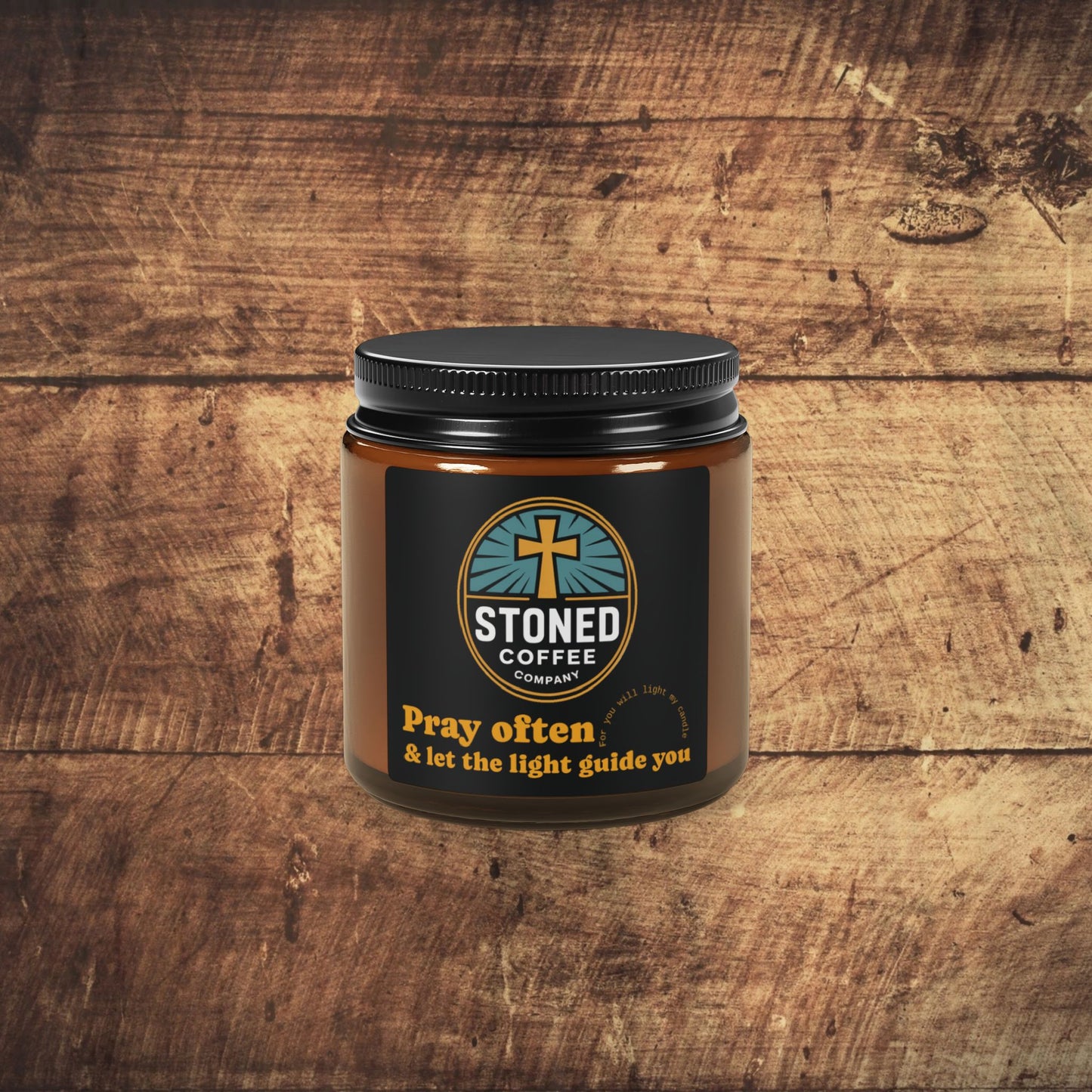 Stoned Coffee Soy Candle — "Pray Often" Amber Jar (Multi-Size)